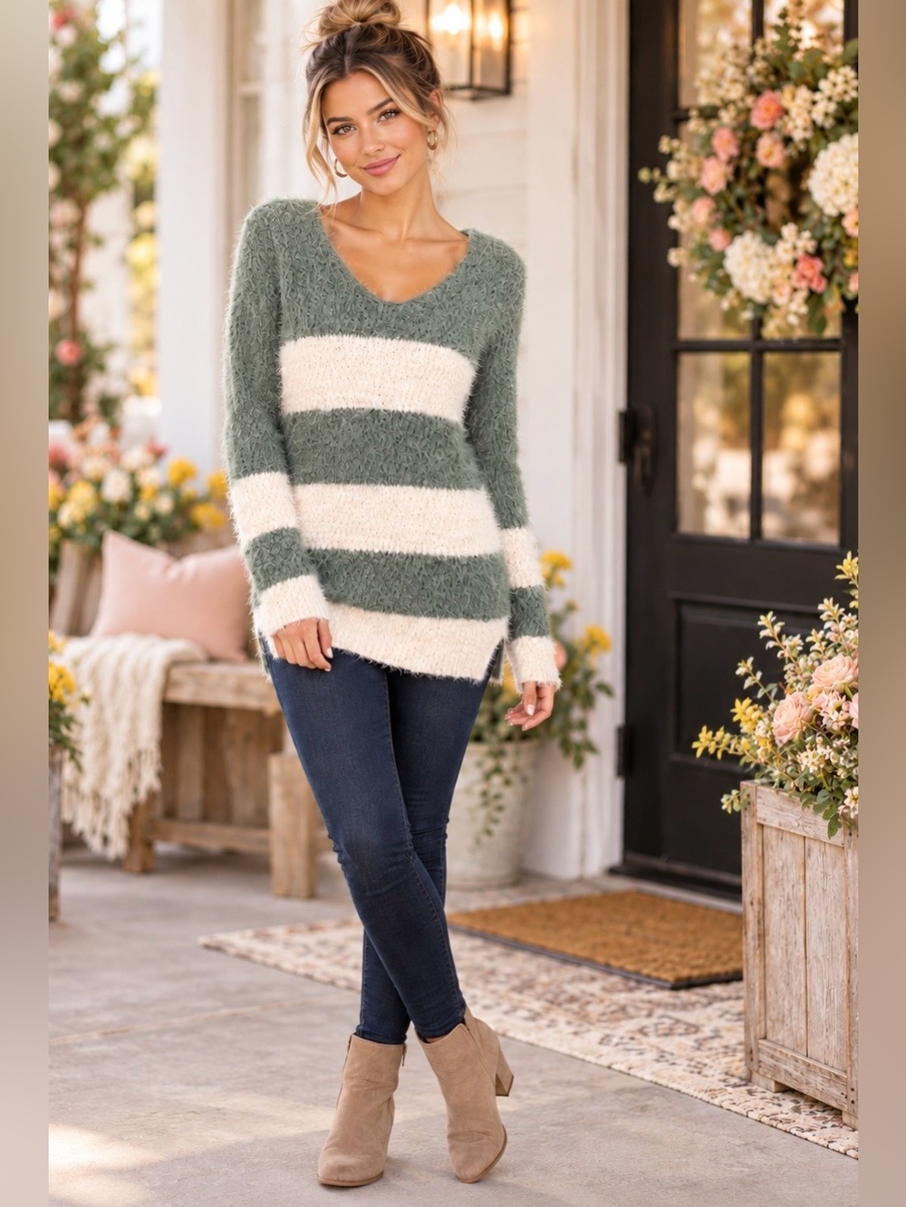 SO Size M Sage Green Ivory Striped Fuzzy Sweater Cozy Soft Knit